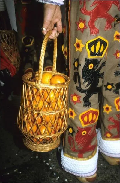 Des oranges jetées à tout-va, des clochettes qui résonnent au pas des sabots... Assurément, nous sommes en présence de Gilles ! Affublés l'après-midi du mardi gras de leurs chapeaux à plumes (d'autruches ! ), ils portent également... leur "apertintaille"... Mais qu'est-ce qu'un apertintaille (mot wallon) ? (attention, photo piège)...