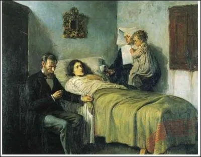 Qui a peint ce médecin et un enfant auprès d'une femme malade qui est une mendiante ?