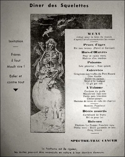 Le serveur vous apporte donc le menu intitulé : Le dîner des squelettes. Ce menu génial et totalement délirant est vraiment une réussite d'humour gastronomique. Regardez-le encore et dites- moi comment sont servies les pommes de terre et sous quel nom sont servis les desserts...