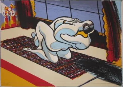 Encore une peinture de Lorenzo Mattoti, qui peut faire sourire si on se souvient d'une scène d'un film à succès, durant lequel l'une des héroïnes s'ennuyant beaucoup lorgne chez son voisin...