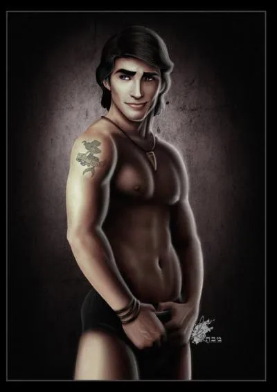 Aladdin, avant de vouloir perdre ton bide, demande-toi si ton visage en vaut vraiment la peine. Moi, je suis beau, tu vois. D'ailleurs, j'ai un superbe tatouage. Que représente-t-il ?