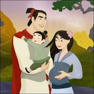 Shang - Ma Mumu chérie, on a déjà un fils et tu risques de bientôt accoucher. Il faut qu'on décide du nom de notre deuxième enfant ! 
Mulan - D'accord, mon Sushi d'amour. Je propose de l'appeler comme mon petit dragon préféré :