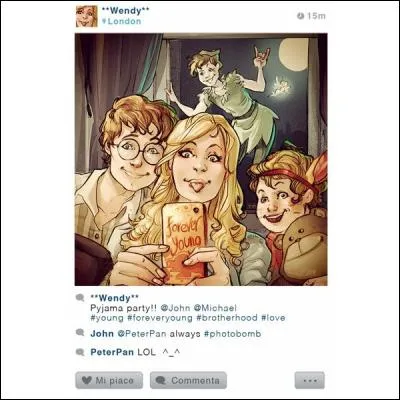 Wendy a pris une photo au moment de la pyjama party chez elle. Nous étions avec John et Michael. Dans le ciel, qui pouvez-vous également voir ?