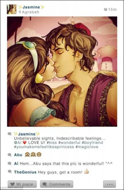 Aladdin a posté une photo de notre bisou, le coquin... Je lui ai envoyé un message dans lequel j'ai sous-entendu avoir une liaison avec le Prince Charmant, pour le rendre jaloux et me venger. Quel est son compte, à ce cher Aladdin ?