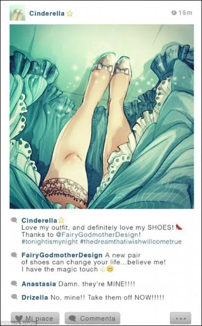 Merlin, tu es trop vieux pour le selfie, crois-moi. J'ai pris un selfie avec mes nouvelles chaussures. D'ailleurs, merci à ma chère marraine. Sous ma photo, mes deux surs à moitié ont encore râlé. Qui est Drizella, en français ?