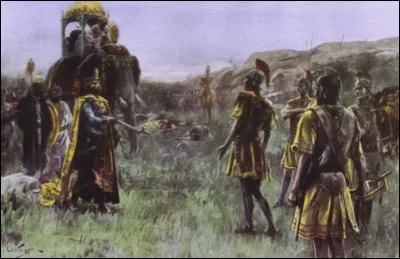 Ce roi indien perdit la quasi-totalité de son armée et de ses éléphants dans des combats d'une extrême violence, il se rendit et ordonna la reddition. Quelle est cette bataille où il affronta le râja Pôros ?