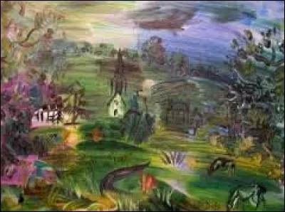 Qui a peint ce paysage avec maisons et bétail ?