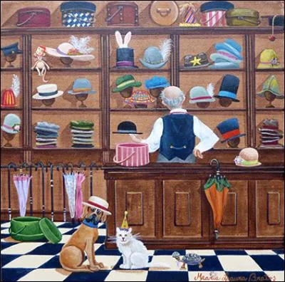 Le chat noir porte un chapeau pointu sur la tête.