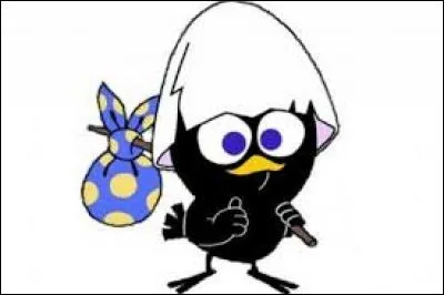 Comment s'appelle ce poussin noir qui porte sur sa tête une coquille d'uf à moitié brisée ?