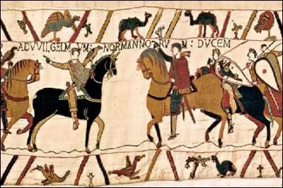 Quels personnages sont représentés dans ce morceau de la tapisserie de Bayeux ?