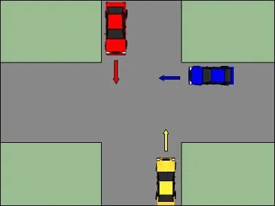 Après avoir vu le panneau "Priorité à droite", j'arrive à l'intersection.
Qui passe le premier ?