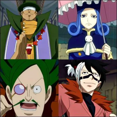 Quels mages constituaient les 4 éléments de Phantom Lord ?
( dans l'ordre : Terre, Eau, Feu, Air )