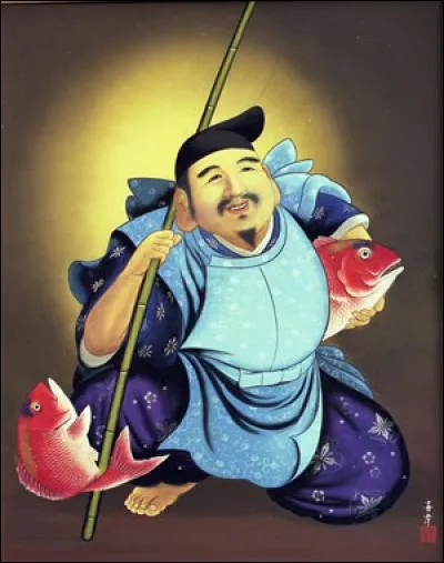 Pourquoi ai-je des poissons sous le bras ? Eh bien, parce que je suis le dieu des pêcheurs et de la prospérité. Je suis aussi une des Sept Divinités du Bonheur. Mon nom est...