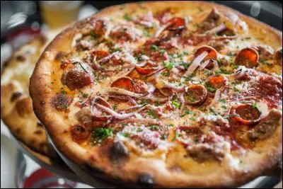 Sauce tomate, mozzarella, saucisse napolitaine piquante, oignon, poivrons