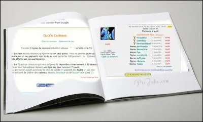 Quizz.biz produit actuellement des concours, comme en témoignent ces pages du livre. Quel animal semble, d'après la page de droite, avoir illustré le concours de jeu le plus récent ?