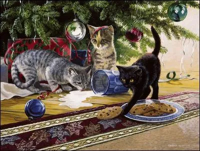 Le chat noir a sorti un gâteau de l'assiette. Quelle patte avance-t-il ?