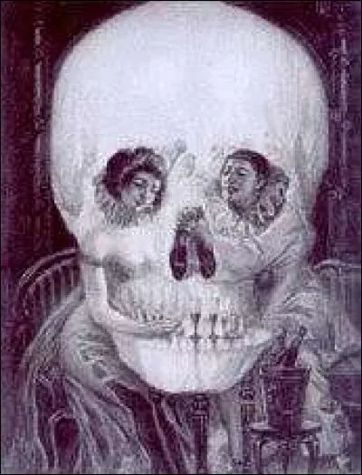 Voici "L'amour de Pierrot", un joli tableau de Salvador Dali datant de 1920. Il peut être interprété de deux façons. Vous avez pu remarquer la présence d'un crâne au premier plan de l'uvre. Si vous regardez plus précisément, vous verrez deux personnages. Que font-ils ?