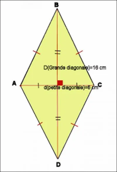 La grande diagonale (D) d'un losange mesure 40 cm, l'aire (A) de ce losange mesure 200 cm&sup2;. Quelle est la mesure, en cm, de la petite diagonale (d) ?