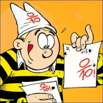 Cette bande dessinée parlent d'un élève qui accumule les zéros, les punitions et les journées passées au coin avec le bonnet d'âne sur la tête. À l'aide de l'image, trouvez le nom de cette bande dessinée.