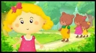 J'observe l'image et je vois : une fille aux cheveux blonds à l'avant-plan et 3 ours derrière !