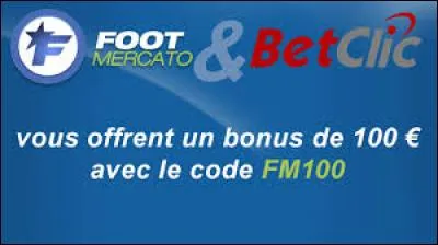J'observe l'image et je vois : Foot Mercato offre un bonus de 100  avec le code FM100 !
