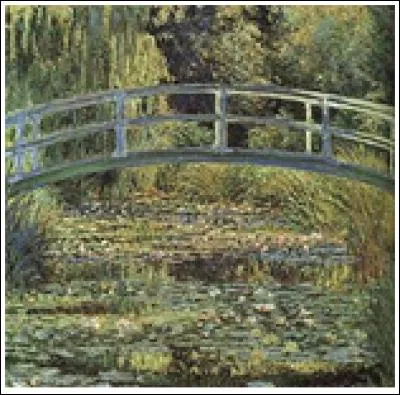 Qui a peint ce tableau s'intitulant : "Le Bassin aux nymphéas, harmonie verte" et représentant un pont japonais ?