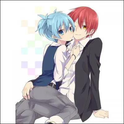 La personne avec les cheveux bleus a beau y ressembler de près ou de loin, ce n'est pourtant pas une fille. Il s'agit donc d'un autre couple yaoi formé de deux garçons d'Assassination Classroom :