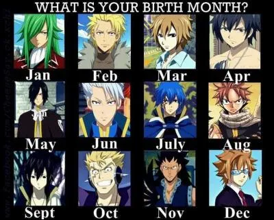 Pour Fairy Tail, j'ai eu du mal à choisir un seul beau garçon tellement il y en a !
Heureusement, j'ai trouvé cette image où il y a tous les plus beaux gosses de ce superbe manga ! Qui est le garçon qui représente le mois de mars ?