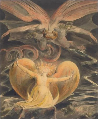 Son oeuvre se nomme "Dragon rouge en vol et femme aux habits de soleil" :