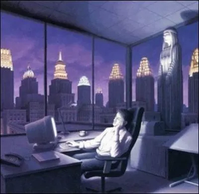 Rob Gonsalvez a peint cet homme isolé au sommet d'un gratte-ciel, dans son bureau impersonnel, tournant le dos à une statue. On croirait voir... ?