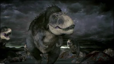 Une bande d'albertosaures sous un nuage de cendres